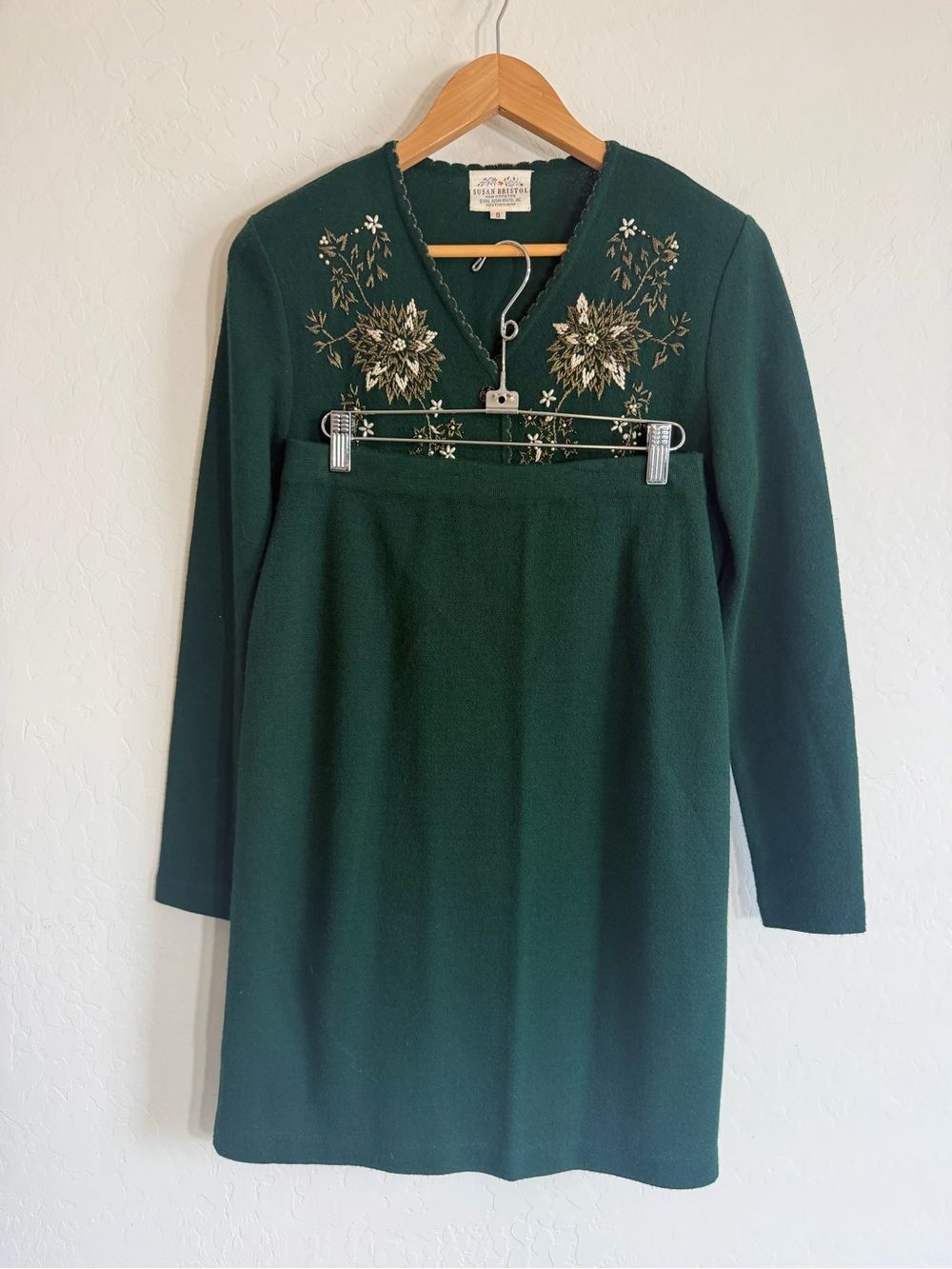 Vintage 1996 Susan Bristol Hand Embroidered Wool Blend Cardigan & Skirt Set S
